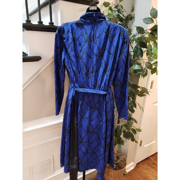 Vintage Caron Chicago Sheath Dress S Blue Patterned Cowl Neck Tie Waist Back Zip - Picture 4 of 12
